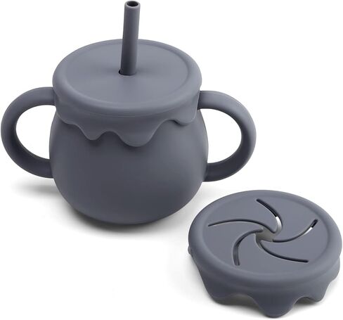 أكواب أطفال جينبير 2 في 1 من السيليكون مع غطاء كوب للوجبات الخفيفة وقش، أكواب مضادة للانسكاب بوزن 8.5 أونصة، كوب تدريب للأطفال بعمر 12 شهرًا فما فوق (أرجيل) in Kuwait