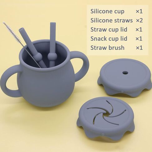 أكواب أطفال جينبير 2 في 1 من السيليكون مع غطاء كوب للوجبات الخفيفة وقش، أكواب مضادة للانسكاب بوزن 8.5 أونصة، كوب تدريب للأطفال بعمر 12 شهرًا فما فوق (أرجيل) in Kuwait