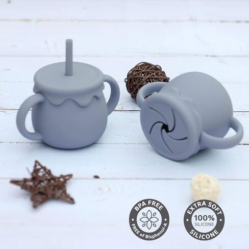 أكواب أطفال جينبير 2 في 1 من السيليكون مع غطاء كوب للوجبات الخفيفة وقش، أكواب مضادة للانسكاب بوزن 8.5 أونصة، كوب تدريب للأطفال بعمر 12 شهرًا فما فوق (أرجيل) in Kuwait