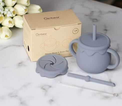 أكواب أطفال جينبير 2 في 1 من السيليكون مع غطاء كوب للوجبات الخفيفة وقش، أكواب مضادة للانسكاب بوزن 8.5 أونصة، كوب تدريب للأطفال بعمر 12 شهرًا فما فوق (أرجيل) in Kuwait