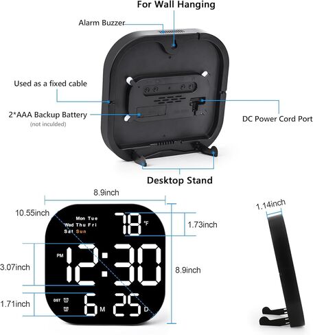 ساعة حائط رقمية SZELAM، ساعة منبه رقمية LED مقاس 10.5 بوصة، شاشة كبيرة مع جهاز تحكم عن بعد، التاريخ ودرجة الحرارة، تعتيم تلقائي، يوم من الأسبوع، لغرفة المعيشة، ديكور غرفة النوم، كبار السن - مختلط in Kuwait