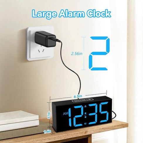 منبه بصوت عالٍ من Netzu للبالغين الذين ينامون كثيرًا، منبه كبير لغرف النوم، قم بتوصيل الساعة الرقمية بأرقام كبيرة 2.56 بوصة، 5 مستويات سطوع، 4 أحجام، منبه مزدوج وغفوة in Kuwait