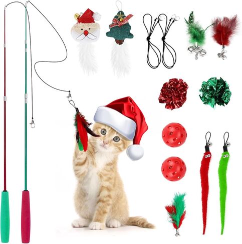 ألعاب قطط عيد الميلاد من أوزيرال، 14 قطعة لعبة عصا قطط عيد الميلاد قابلة للسحب للقطط الداخلية، ألعاب ريشة قطط تفاعلية مع جرس، عبوتان عصا قطط مع ألعاب قابلة للاستبدال للقطط والقطط الصغيرة in Kuwait