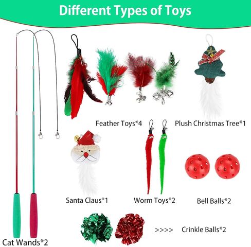 ألعاب قطط عيد الميلاد من أوزيرال، 14 قطعة لعبة عصا قطط عيد الميلاد قابلة للسحب للقطط الداخلية، ألعاب ريشة قطط تفاعلية مع جرس، عبوتان عصا قطط مع ألعاب قابلة للاستبدال للقطط والقطط الصغيرة in Kuwait