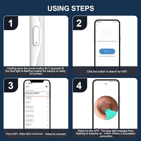 إزالة شمع الأذن من فيرنيش، منظف الأذن مع الكاميرا، مجموعة تنظيف الأذن بإضاءة لاسلكية قابلة لإعادة الشحن، مجموعة تنظيف الأذن لهواتف iPhone وiPad وهواتف Android (أبيض) in Kuwait