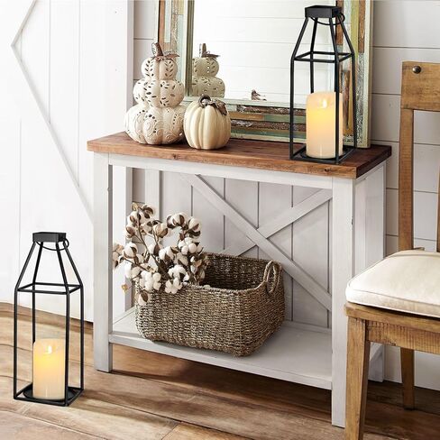 فوانيس شموع معدنية سوداء مزخرفة للاستخدام الداخلي والخارجي، مجموعة حامل شموع ريفية مع شمعتين LED واقعيتين، فانوس ريفي عصري للشرفة الامامية والمدفاة وطاولة الطعام in Kuwait