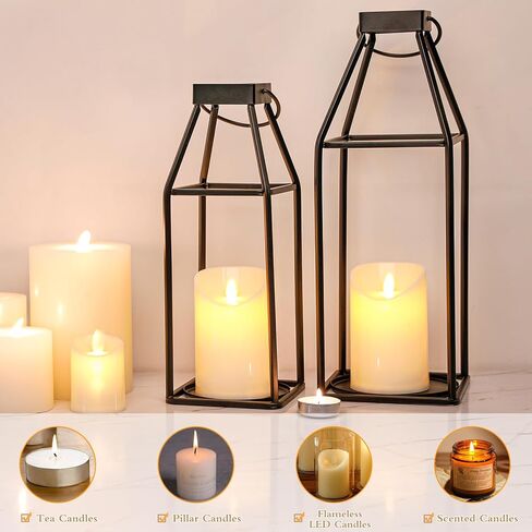 فوانيس شموع معدنية سوداء مزخرفة للاستخدام الداخلي والخارجي، مجموعة حامل شموع ريفية مع شمعتين LED واقعيتين، فانوس ريفي عصري للشرفة الامامية والمدفاة وطاولة الطعام in Kuwait