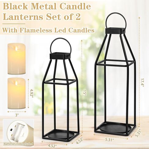 فوانيس شموع معدنية سوداء مزخرفة للاستخدام الداخلي والخارجي، مجموعة حامل شموع ريفية مع شمعتين LED واقعيتين، فانوس ريفي عصري للشرفة الامامية والمدفاة وطاولة الطعام in Kuwait