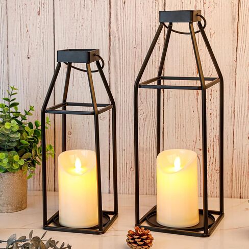 فوانيس شموع معدنية سوداء مزخرفة للاستخدام الداخلي والخارجي، مجموعة حامل شموع ريفية مع شمعتين LED واقعيتين، فانوس ريفي عصري للشرفة الامامية والمدفاة وطاولة الطعام in Kuwait