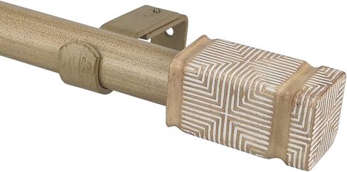 Rustic Boho Style Single Curtain Rod Set with Carved Square Finial, 36-72 inch, Standard Single Beige Drapery Rod for 1 Pack, 1 inch diameter, Adjustable Length in Saudi Arabia