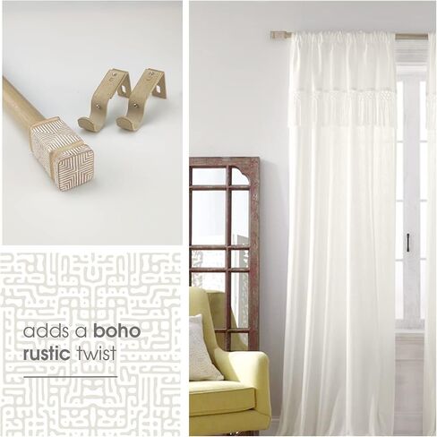 Rustic Boho Style Single Curtain Rod Set with Carved Square Finial, 36-72 inch, Standard Single Beige Drapery Rod for 1 Pack, 1 inch diameter, Adjustable Length in Saudi Arabia