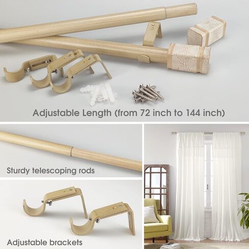 Rustic Boho Style Single Curtain Rod Set with Carved Square Finial, 36-72 inch, Standard Single Beige Drapery Rod for 1 Pack, 1 inch diameter, Adjustable Length in Saudi Arabia