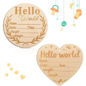 2Pcs Wooden Baby Announcement Sign, Birth Announcement Sign Hello World Newborn Welcome Sign for Girl Boy Baby Shower Hospital Nursery Photo Props in Kuwait