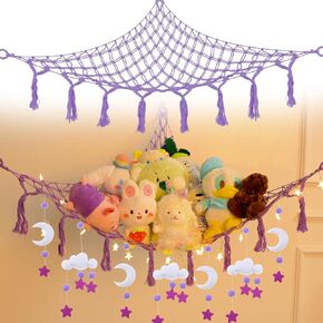 شبكة أو أرجوحة حيوانات محشوة من Coumy مع قلادة من اللباد على شكل سحابة القمر، وإضاءة LED وخطافات، شبكة أرجوحة لتخزين الألعاب من القطيفة لغرفة النوم في زاوية الحائط (وردي) in Kuwait