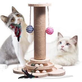 Cat Toy 11.5x18 inch Multiple Stage Interactive Cat Toy 2 Tier Cat Ball Track with Feather, Natural Sisal and Wood Durable Sisal Cat Scratching Toy DIY Fun Toy for Kitten Mental Physical Exercise in Kuwait