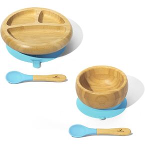هدايا مافين: مجموعة هدايا إطعام الأطفال من شركة أفانشي بيبي - وعاء شفط من الخيزران مع الملعقة والأزرق والخيزران مع 3 أقسام مع الملعقة والأزرق – للأطفال من عمر 6 أشهر فأكثر. in Kuwait