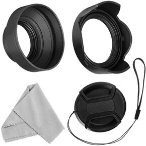72mm Lens Hood Set, Collapsible Rubber Lens Hood with Filter Thread + Reversible Tulip Flower Lens Hood + Center Pinch Lens Cap + Microfiber Lens Cleaning Cloth