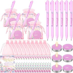 Qilery 50 Sets Baby Shower Favors for Guests Includes 50 Tea Light Candles 50 Retractable Ballpoint Pen 50 Gift Bags 50 Thank Tags for Birthday Favors Supplies (Strawberry)