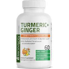 برونسون الكركم + الزنجبيل، قوة إضافية لدعم صحة المفاصل والهضم مع بيوبيرين، غير معدل وراثيًا، 60 كبسولة نباتية in Kuwait