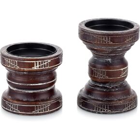 Romadedi Rustic Wood Candle Holder for Pillar - Set of 2 Vintage Farmhouse Wooden Candle Stand Chunky Decorative 6.1"/ 4.3" Home Decor Mantle Firepilace Table Centrepiece Deocration in Kuwait