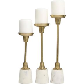 Deco 79 Aluminum Slim Candle Holder with White Marble Base, Set of 3 15, 13, 11" H, Gold