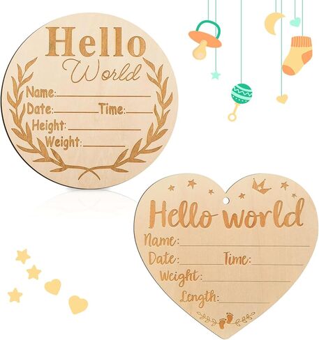 2Pcs Wooden Baby Announcement Sign, Birth Announcement Sign Hello World Newborn Welcome Sign for Girl Boy Baby Shower Hospital Nursery Photo Props in Kuwait