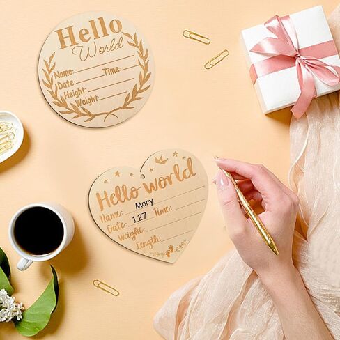 2Pcs Wooden Baby Announcement Sign, Birth Announcement Sign Hello World Newborn Welcome Sign for Girl Boy Baby Shower Hospital Nursery Photo Props in Kuwait