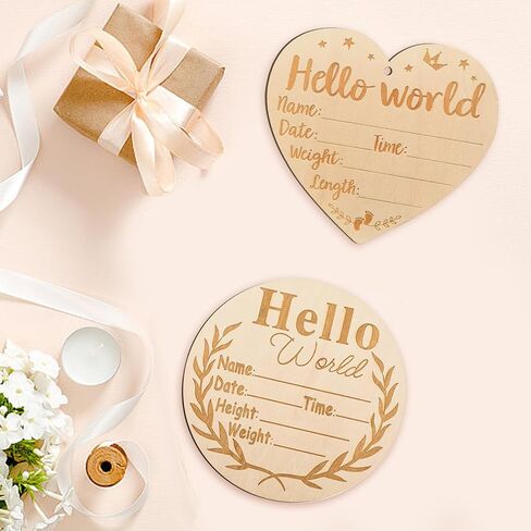 2Pcs Wooden Baby Announcement Sign, Birth Announcement Sign Hello World Newborn Welcome Sign for Girl Boy Baby Shower Hospital Nursery Photo Props in Kuwait