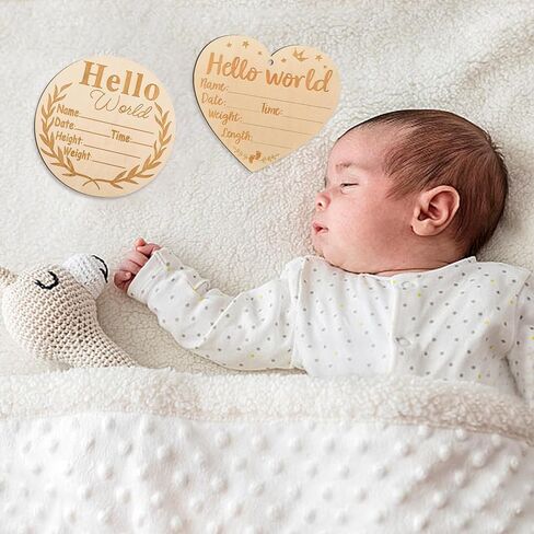 2Pcs Wooden Baby Announcement Sign, Birth Announcement Sign Hello World Newborn Welcome Sign for Girl Boy Baby Shower Hospital Nursery Photo Props in Kuwait