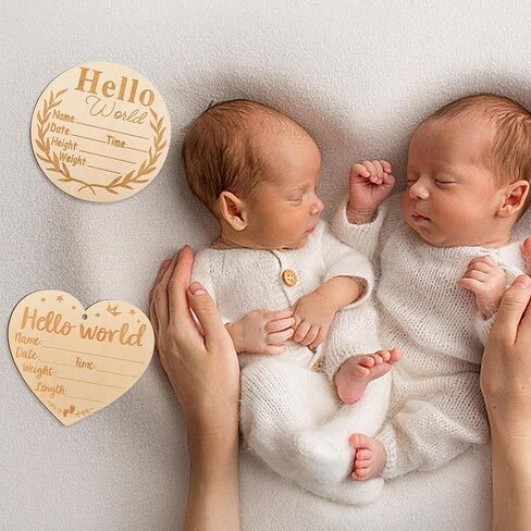 2Pcs Wooden Baby Announcement Sign, Birth Announcement Sign Hello World Newborn Welcome Sign for Girl Boy Baby Shower Hospital Nursery Photo Props in Kuwait