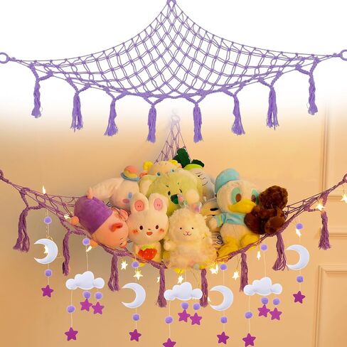 شبكة أو أرجوحة حيوانات محشوة من Coumy مع قلادة من اللباد على شكل سحابة القمر، وإضاءة LED وخطافات، شبكة أرجوحة لتخزين الألعاب من القطيفة لغرفة النوم في زاوية الحائط (وردي) in Kuwait