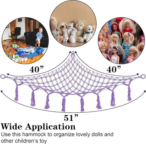 شبكة أو أرجوحة حيوانات محشوة من Coumy مع قلادة من اللباد على شكل سحابة القمر، وإضاءة LED وخطافات، شبكة أرجوحة لتخزين الألعاب من القطيفة لغرفة النوم في زاوية الحائط (وردي) in Kuwait