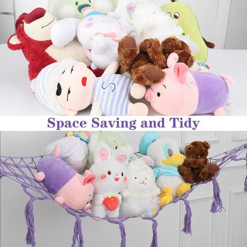 شبكة أو أرجوحة حيوانات محشوة من Coumy مع قلادة من اللباد على شكل سحابة القمر، وإضاءة LED وخطافات، شبكة أرجوحة لتخزين الألعاب من القطيفة لغرفة النوم في زاوية الحائط (وردي) in Kuwait