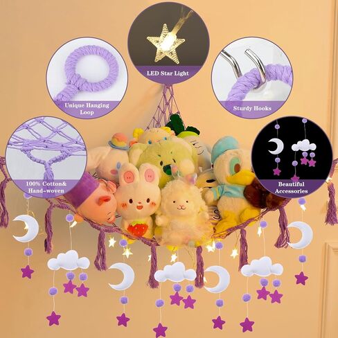 شبكة أو أرجوحة حيوانات محشوة من Coumy مع قلادة من اللباد على شكل سحابة القمر، وإضاءة LED وخطافات، شبكة أرجوحة لتخزين الألعاب من القطيفة لغرفة النوم في زاوية الحائط (وردي) in Kuwait