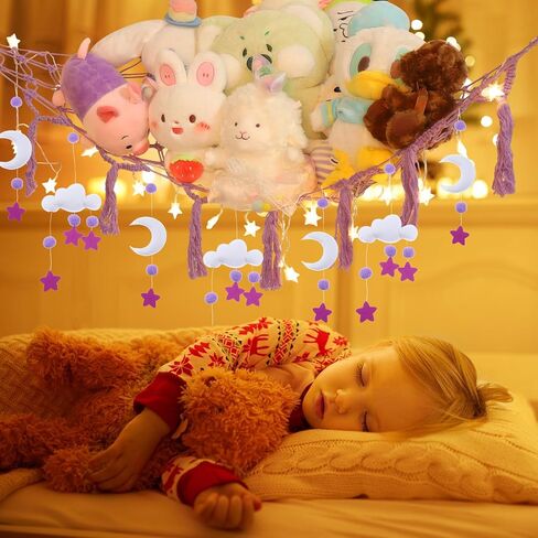 شبكة أو أرجوحة حيوانات محشوة من Coumy مع قلادة من اللباد على شكل سحابة القمر، وإضاءة LED وخطافات، شبكة أرجوحة لتخزين الألعاب من القطيفة لغرفة النوم في زاوية الحائط (وردي) in Kuwait