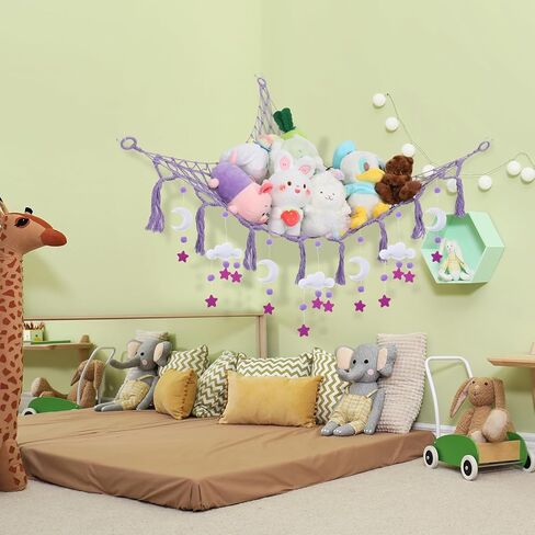 شبكة أو أرجوحة حيوانات محشوة من Coumy مع قلادة من اللباد على شكل سحابة القمر، وإضاءة LED وخطافات، شبكة أرجوحة لتخزين الألعاب من القطيفة لغرفة النوم في زاوية الحائط (وردي) in Kuwait