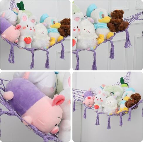 شبكة أو أرجوحة حيوانات محشوة من Coumy مع قلادة من اللباد على شكل سحابة القمر، وإضاءة LED وخطافات، شبكة أرجوحة لتخزين الألعاب من القطيفة لغرفة النوم في زاوية الحائط (وردي) in Kuwait