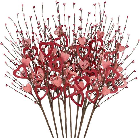 Phliofd 8 قطع ديكور عيد الحب، 23.5 سم طولًا صناعيًا لعيد الحب زهور التوت ينبع مع قلب خشبي أحمر وردي هدايا عيد الحب لذكرى الزفاف وديكور طاولة المنزل in Kuwait