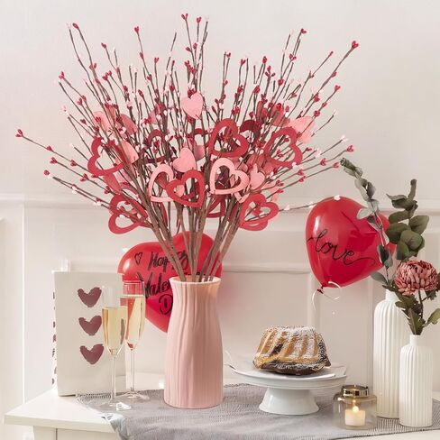 Phliofd 8 قطع ديكور عيد الحب، 23.5 سم طولًا صناعيًا لعيد الحب زهور التوت ينبع مع قلب خشبي أحمر وردي هدايا عيد الحب لذكرى الزفاف وديكور طاولة المنزل in Kuwait
