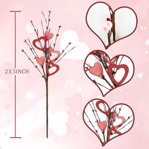 Phliofd 8 قطع ديكور عيد الحب، 23.5 سم طولًا صناعيًا لعيد الحب زهور التوت ينبع مع قلب خشبي أحمر وردي هدايا عيد الحب لذكرى الزفاف وديكور طاولة المنزل in Kuwait