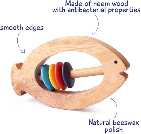Shumee Wooden Baby Rattle Clutching Toy - Bear Shaped Teether for Babies - (6 Months+) |100% Child Safe| 11cm|Baby Shower/Birthday Gifts|New Born Gifts| Wooden Rattle| Wooden Montessori Toys in Saudi Arabia