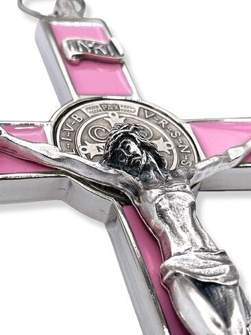 8 Inch St Benedict Crucifix Silver Oxidized and Pink Enamel Crucifix Wall Cross - Crucifix Metal Cross for Catholic Decor, Office, Etc. - Powerful Spiritual Protection from Evil in Saudi Arabia