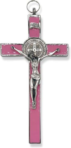 8 Inch St Benedict Crucifix Silver Oxidized and Pink Enamel Crucifix Wall Cross - Crucifix Metal Cross for Catholic Decor, Office, Etc. - Powerful Spiritual Protection from Evil in Saudi Arabia