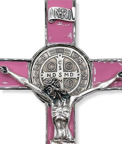8 Inch St Benedict Crucifix Silver Oxidized and Pink Enamel Crucifix Wall Cross - Crucifix Metal Cross for Catholic Decor, Office, Etc. - Powerful Spiritual Protection from Evil in Saudi Arabia