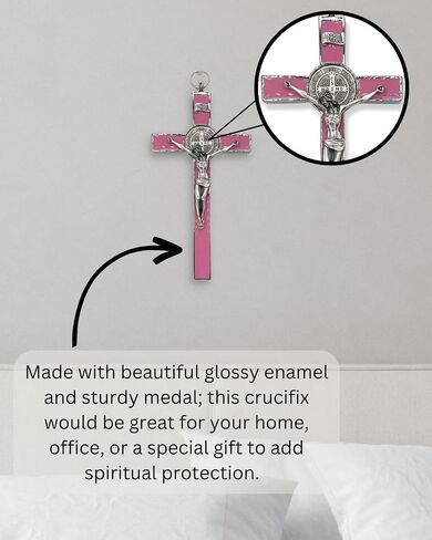 8 Inch St Benedict Crucifix Silver Oxidized and Pink Enamel Crucifix Wall Cross - Crucifix Metal Cross for Catholic Decor, Office, Etc. - Powerful Spiritual Protection from Evil in Saudi Arabia