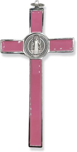 8 Inch St Benedict Crucifix Silver Oxidized and Pink Enamel Crucifix Wall Cross - Crucifix Metal Cross for Catholic Decor, Office, Etc. - Powerful Spiritual Protection from Evil in Saudi Arabia