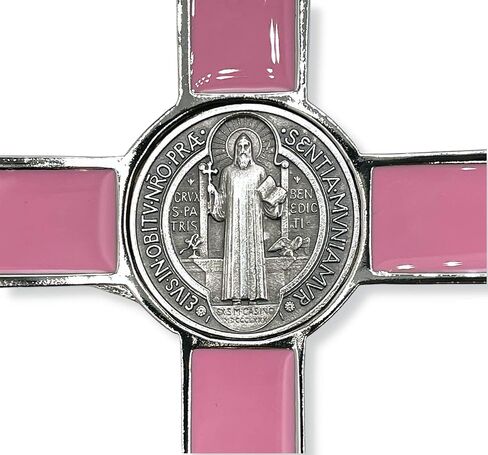 8 Inch St Benedict Crucifix Silver Oxidized and Pink Enamel Crucifix Wall Cross - Crucifix Metal Cross for Catholic Decor, Office, Etc. - Powerful Spiritual Protection from Evil in Saudi Arabia