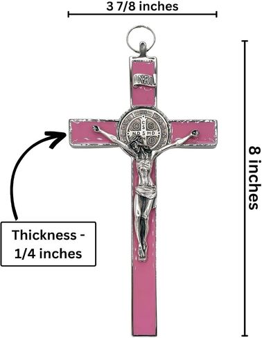 8 Inch St Benedict Crucifix Silver Oxidized and Pink Enamel Crucifix Wall Cross - Crucifix Metal Cross for Catholic Decor, Office, Etc. - Powerful Spiritual Protection from Evil in Saudi Arabia