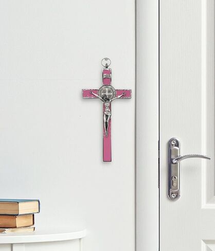 8 Inch St Benedict Crucifix Silver Oxidized and Pink Enamel Crucifix Wall Cross - Crucifix Metal Cross for Catholic Decor, Office, Etc. - Powerful Spiritual Protection from Evil in Saudi Arabia