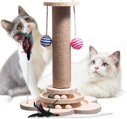 Cat Toy 2-Layer Turntable Cat Toys Ball Tracks, 11.5x18 inch Kitten Toys Interactive Cat Toy with Six Interactive Balls and Two Sisal Dangling Balls, Cat Scratching Post for Indoor Cats and Kittens in Kuwait